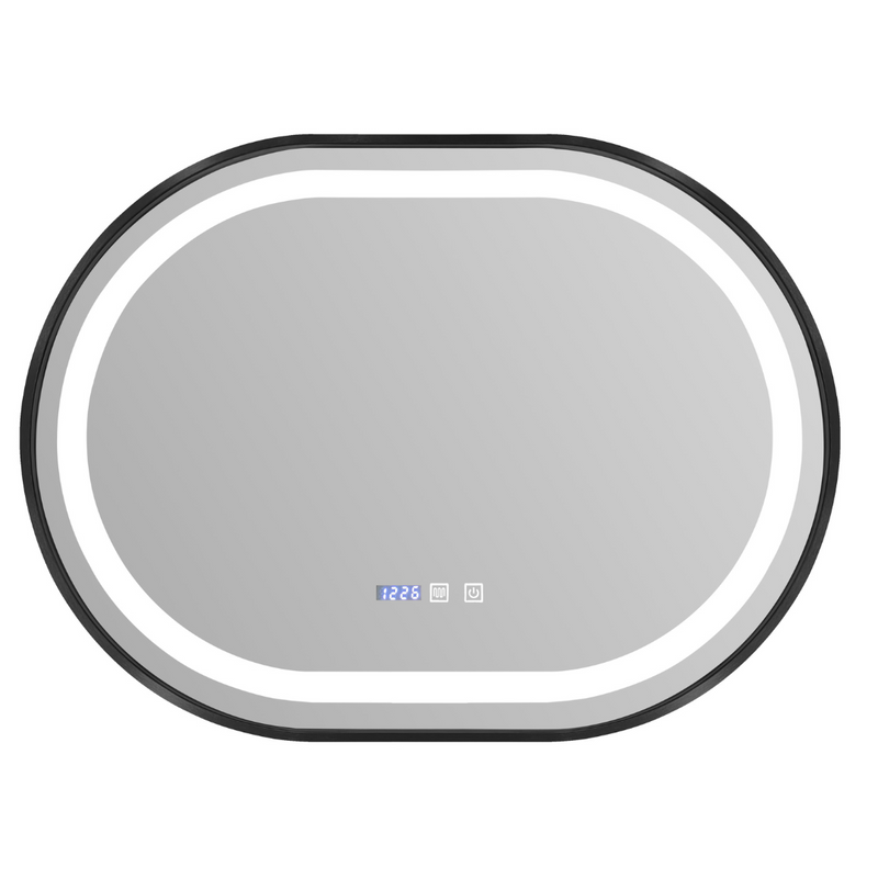 Premium Oval LED Bathroom Mirror with Black Aluminum Frame, HD Mirror, Dual-Color LED Lights, Defogger, Dimmer, and Time Display