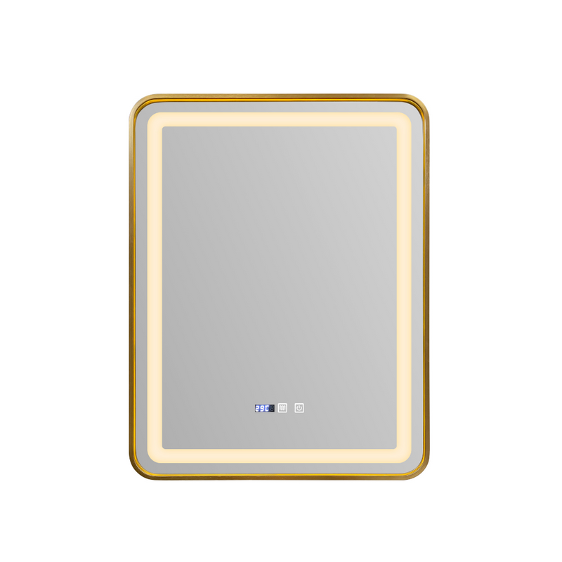 IlluminateGold Round LED Bathroom Mirror: HD Mirror with Two-Color Switch LED Lights, Defogger, Dimmer, and Time Display