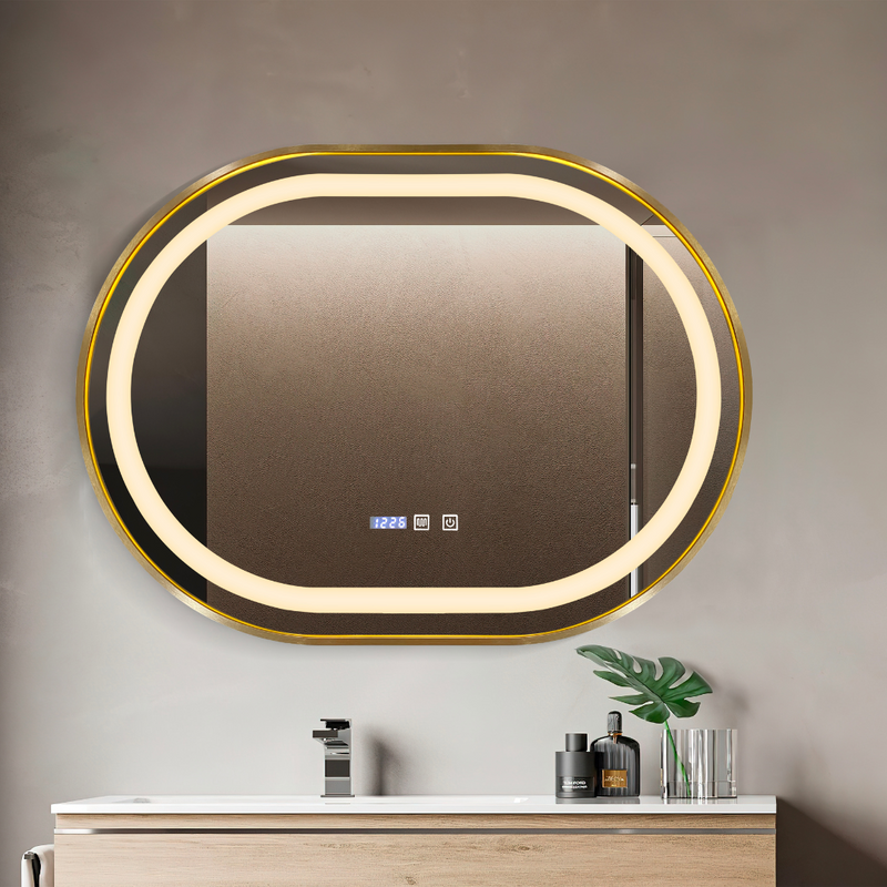 Luxury Oval LED Bathroom Mirror with Gold Aluminum Frame, HD Mirror, Dual-Color LED Lights, Defogger, Dimmer, and Time Display