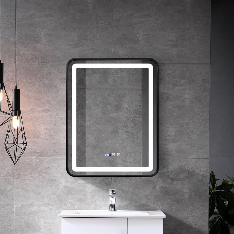 ReflectaGlow Round LED Bathroom Mirror: Black Aluminum Frame, HD Mirror, Dual Color LED Lights, Defogger, Dimmer, Time Display