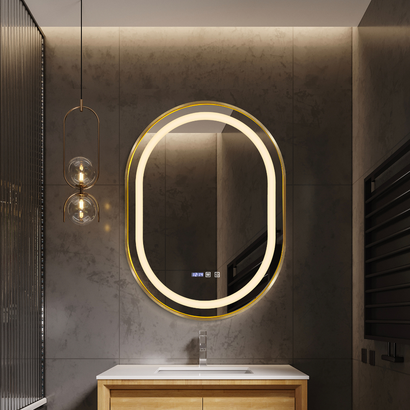 Luxury Oval LED Bathroom Mirror with Gold Aluminum Frame, HD Mirror, Dual-Color LED Lights, Defogger, Dimmer, and Time Display