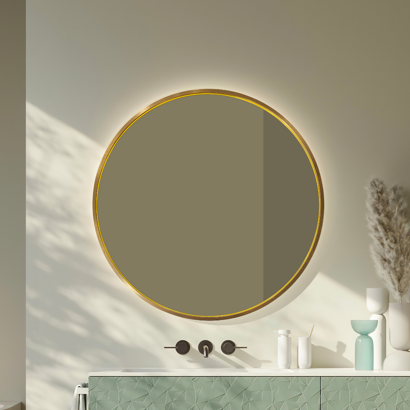 Round Aluminum-Framed Bathroom Mirror with Brush Gold Finish