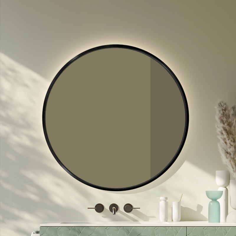 Round Aluminum-Framed Bathroom Mirror with Brush Black Finish