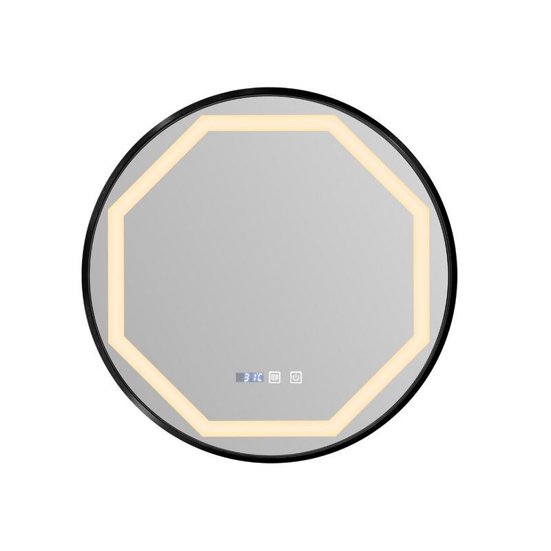 LuxRound LED Bathroom Mirror: Gold Frame, HD Mirror, Dual-Color LED Lights, Defogger, Dimmer, and Time Display