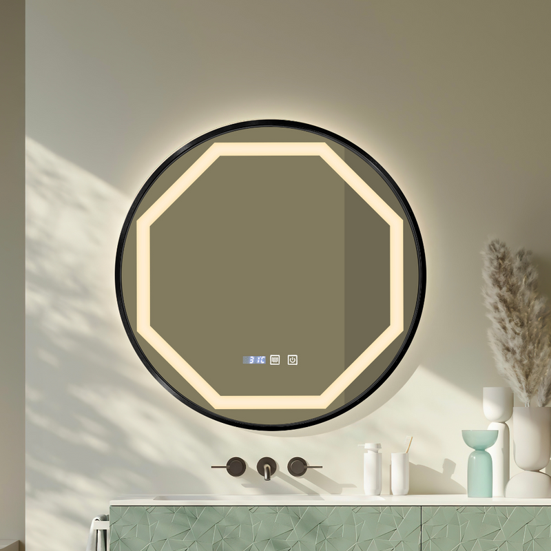 LuxRound LED Bathroom Mirror: Gold Frame, HD Mirror, Dual-Color LED Lights, Defogger, Dimmer, and Time Display