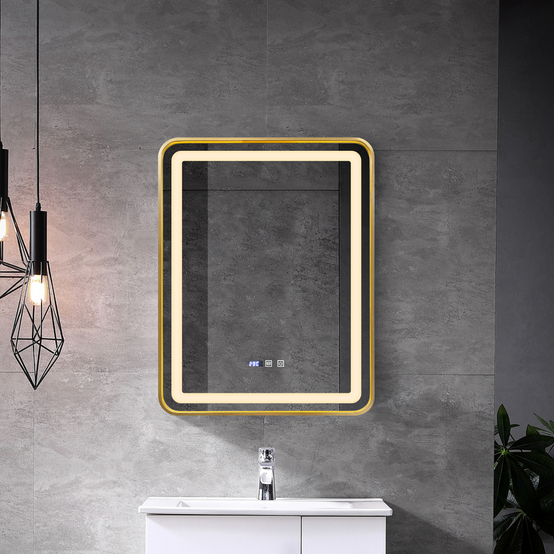 IlluminateGold Round LED Bathroom Mirror: HD Mirror with Two-Color Switch LED Lights, Defogger, Dimmer, and Time Display