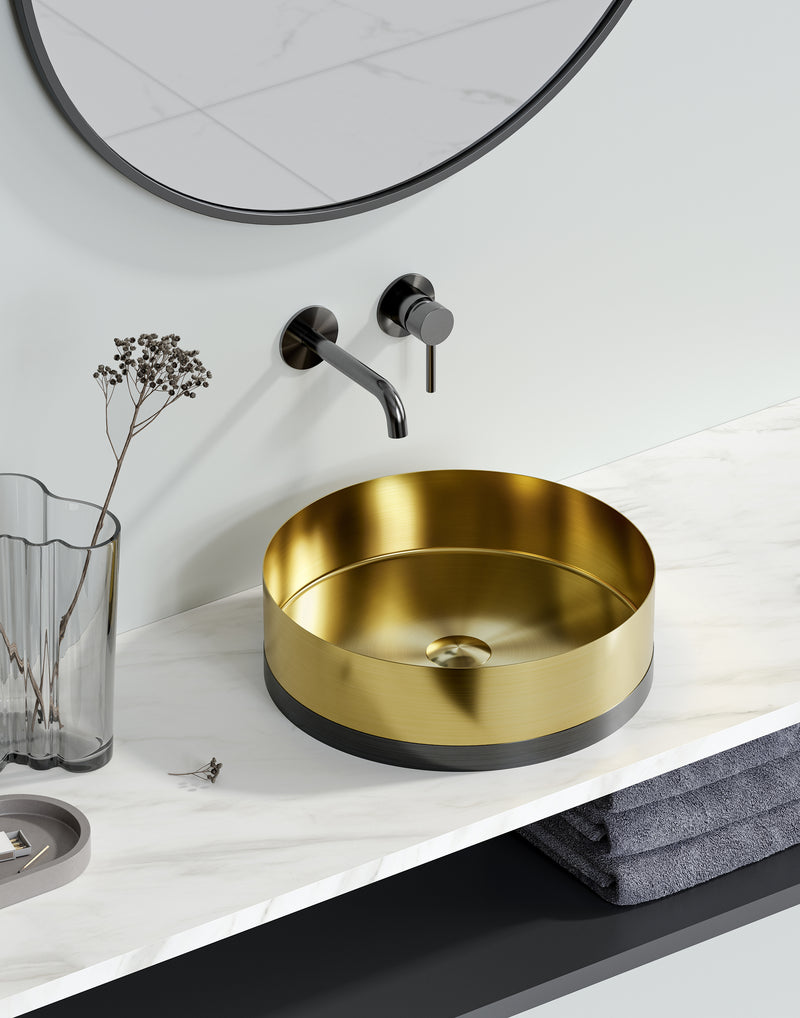 Dual-Tone Stainless Steel Tabletop Washbasin | SUS 304 | PVD Nano Coated | Thickness 3.0 | Brushed Finish | Gunmetal, Gold, Rose Gold | Water Repellent