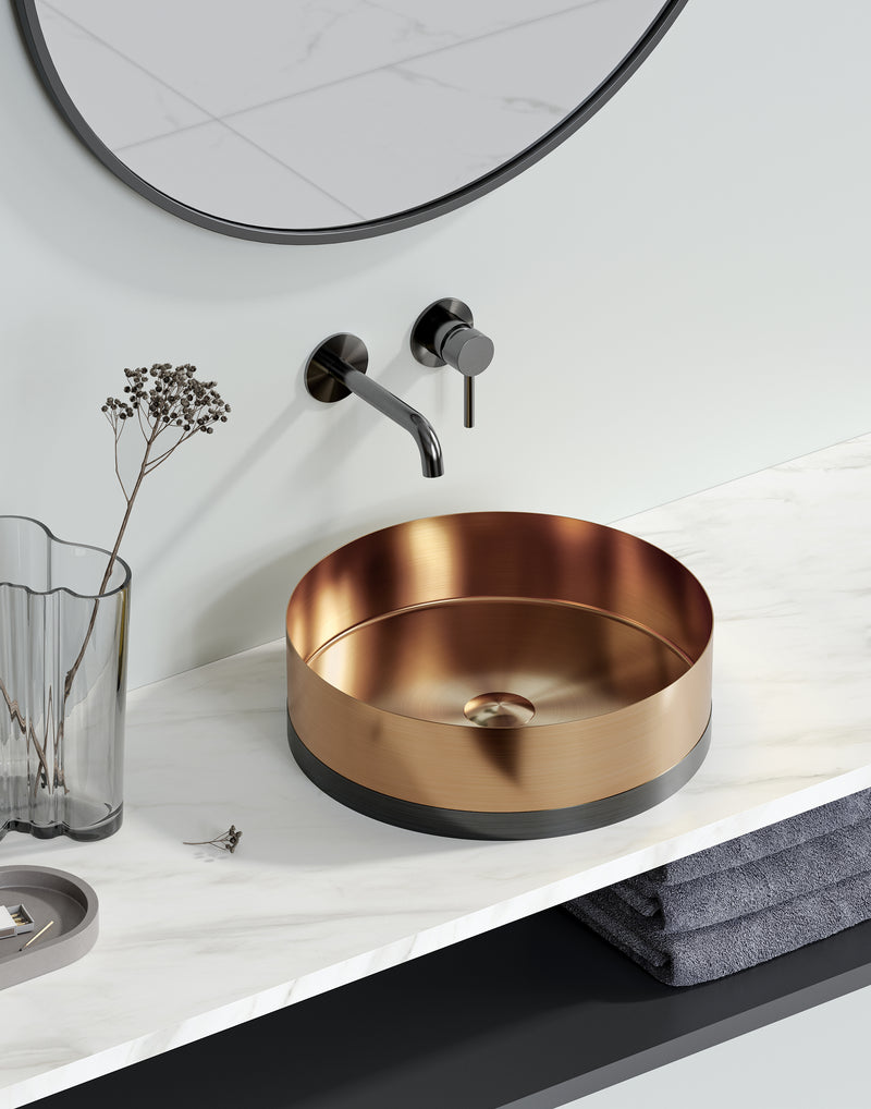 Dual-Tone Stainless Steel Tabletop Washbasin | SUS 304 | PVD Nano Coated | Thickness 3.0 | Brushed Finish | Gunmetal, Gold, Rose Gold | Water Repellent
