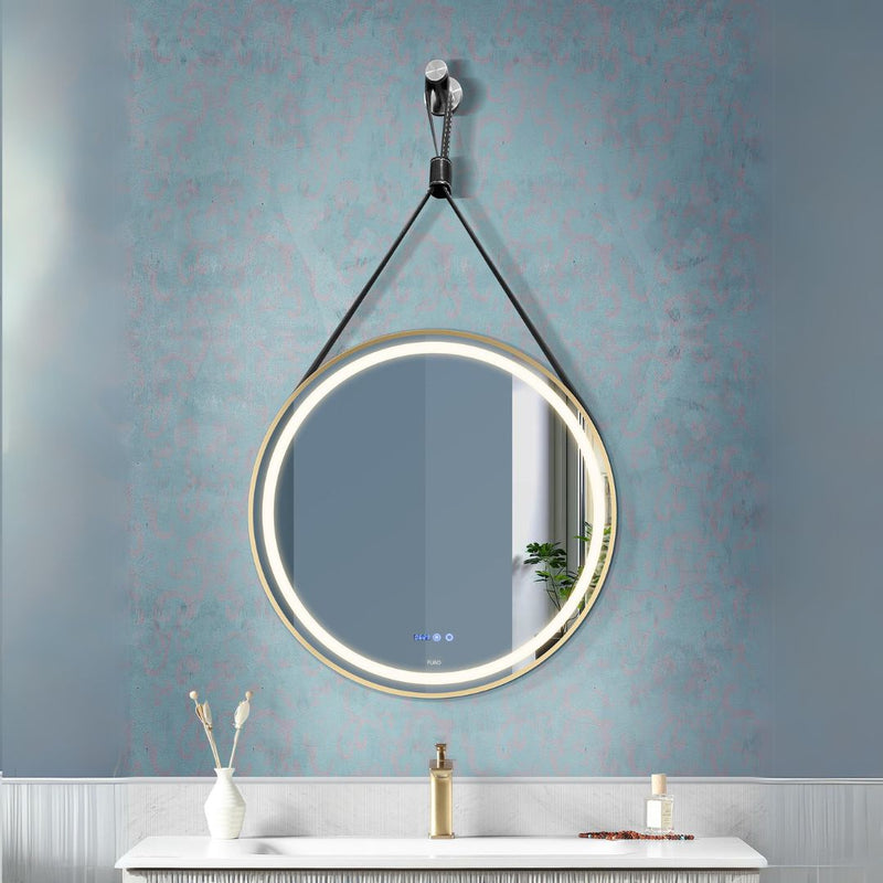 ROUND BATHROOM WALL MOUNTED LED MIRROR WITH HANGING STRAP IN METAL FRAME