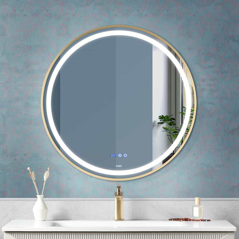 WASHBASIN WALL MOUNTED LED MIRROR WITH BRUSHED GOLD ALUMINIUM FRAME