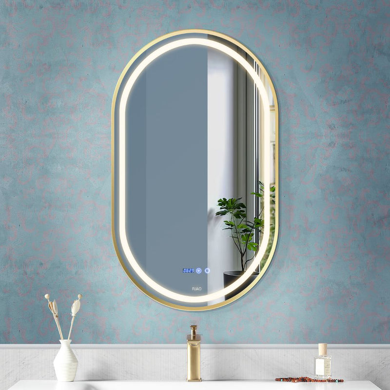 OVAL SHAPE WALL MOUNTED BATHROOM LED MIRROR WITH ALUMINUM FRAME IN BRUSHED GOLD FINISH