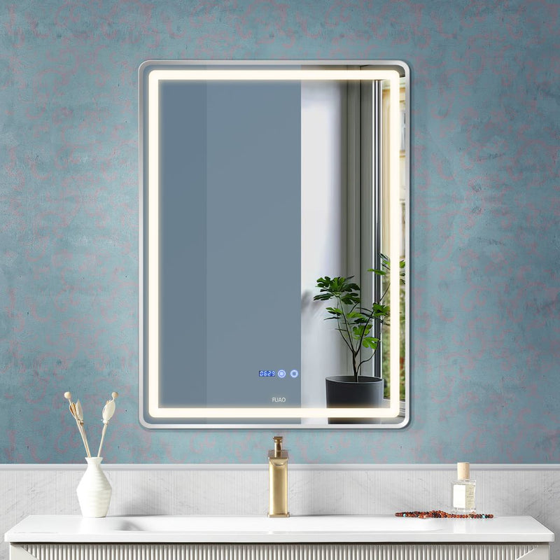 BATHROOM LED MIRROR WALL MOUNTED WITH ALUMINUM FRAME IN BRUSHED SILVER FINISH