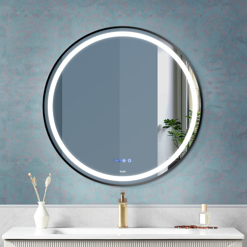 ROUND BATHROOM WALL MOUNTED LED MIRROR WITH BRUSHED BLACK ALUMINIUM FRAME