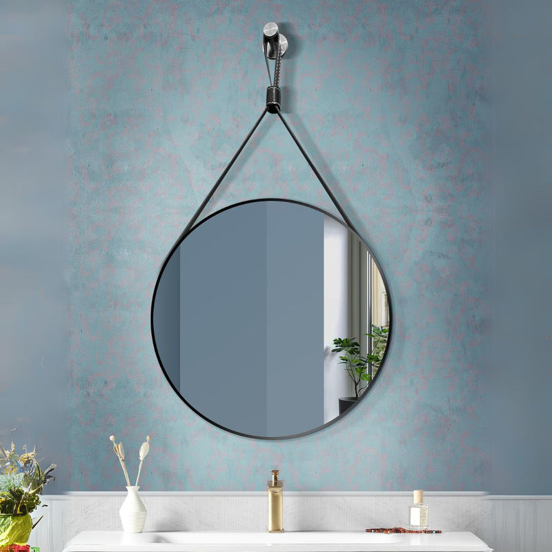 Round Aluminum-Framed Bathroom Mirror with strap in Brush Black Finish