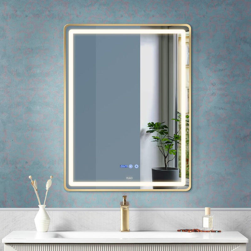 BATHROOM LED MIRROR RECTANGULAR WALL MOUNTED WITH ALUMINUM FRAME IN BRUSHED GOLD FINISH