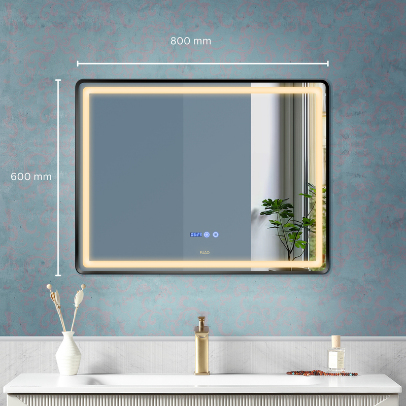 BATHROOM LED MIRROR HORIZONTAL WALL MOUNTED WITH ALUMINUM FRAME IN BRUSHED BLACK FINISH