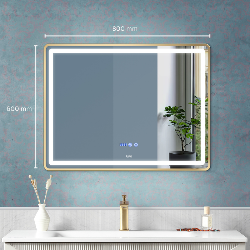 HORIZONTAL BATHROOM LED MIRROR WALL MOUNTED WITH ALUMINUM FRAME IN BRUSHED GOLD FINISH