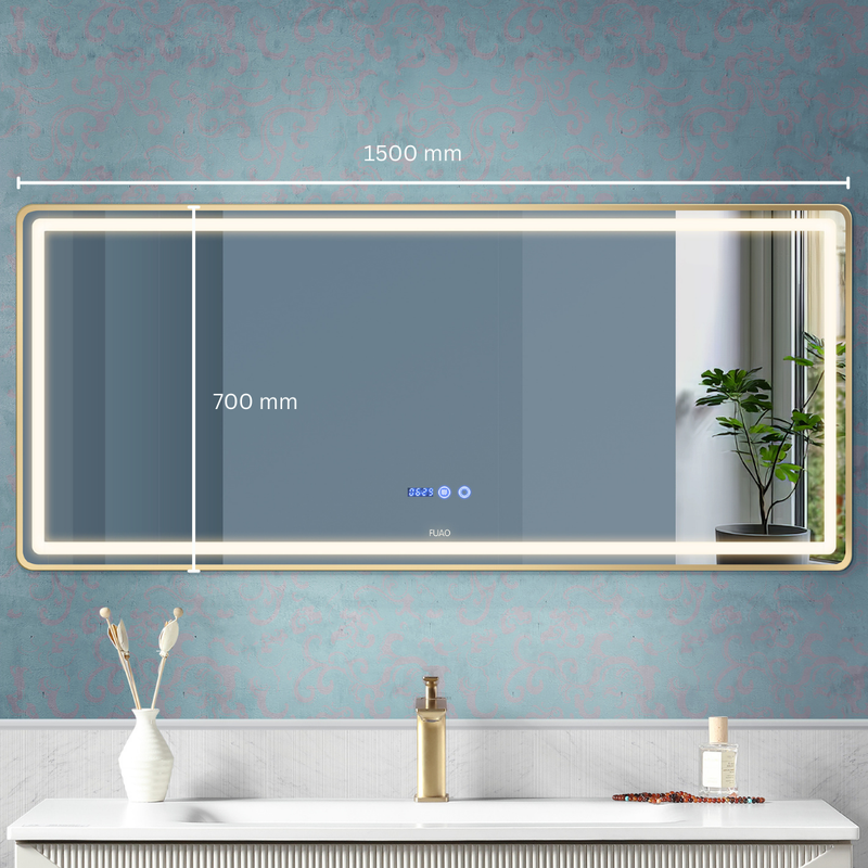 HORIZONTAL BATHROOM LED MIRROR WALL MOUNTED WITH ALUMINUM FRAME IN BRUSHED GOLD FINISH