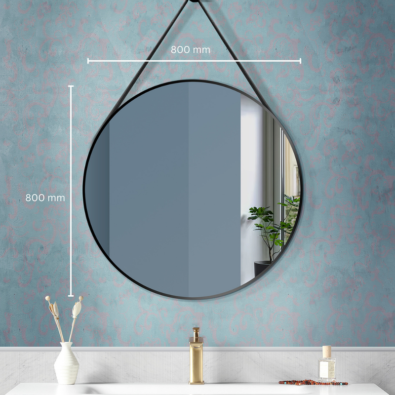 Round Aluminum-Framed Bathroom Mirror with strap in Brush Black Finish