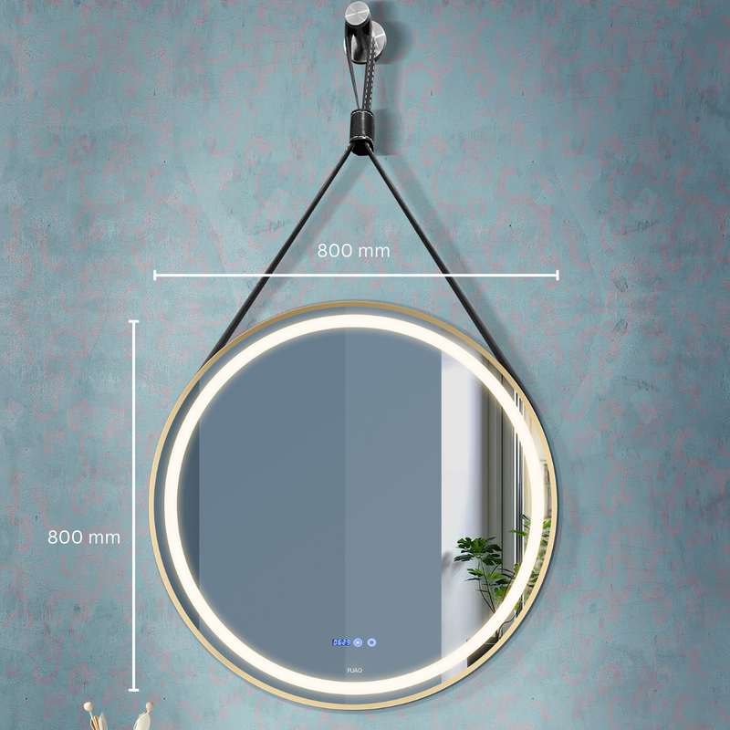 ROUND BATHROOM WALL MOUNTED LED MIRROR WITH HANGING STRAP IN METAL FRAME